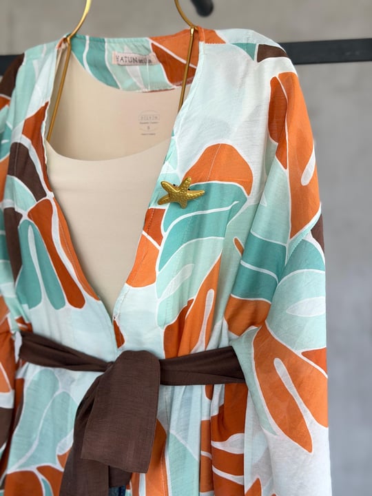Tropik Yaprak Desenli Kuşaklı Kimono (Su Yeşili)