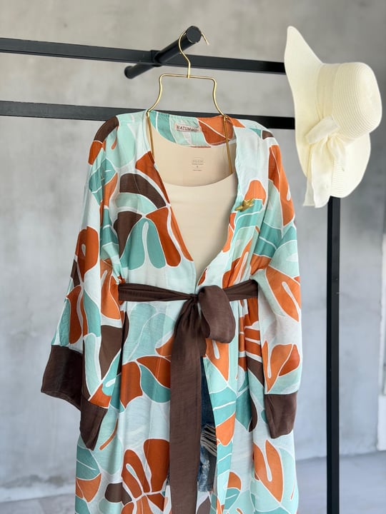 Tropik Yaprak Desenli Kuşaklı Kimono (Su Yeşili)