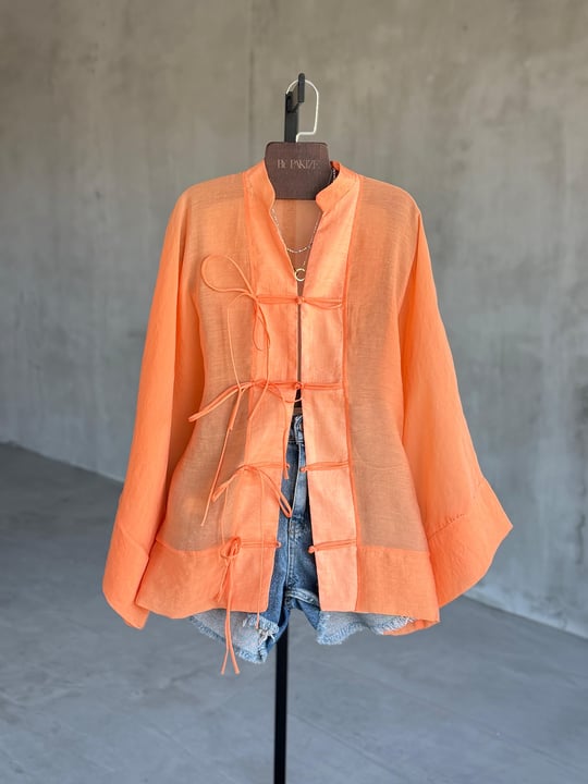 Premium Bağlama Detaylı Kimono Gömlek (Oranj)