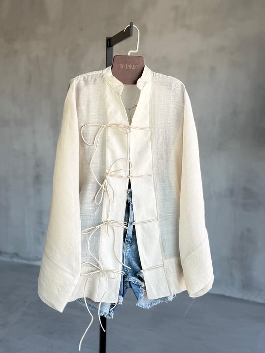 Premium Bağlama Detaylı Kimono Gömlek (Taş)