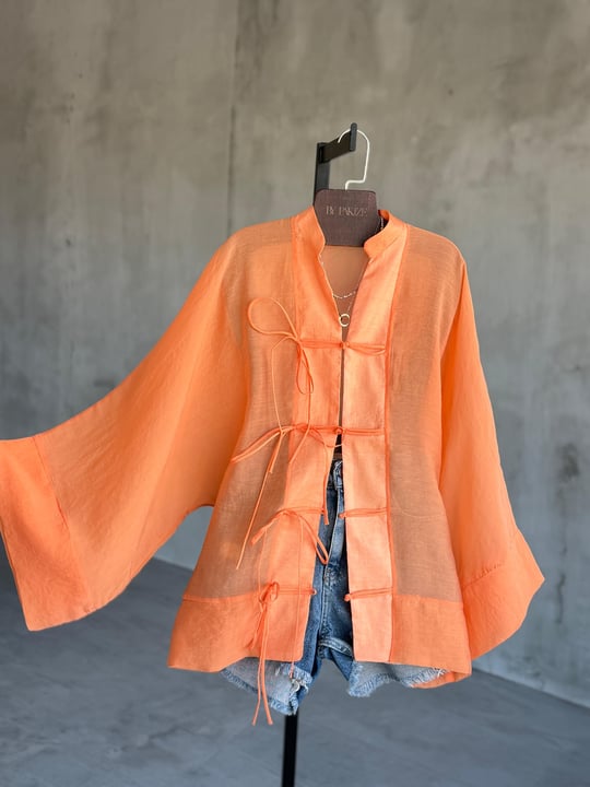 Premium Bağlama Detaylı Kimono Gömlek (Oranj)