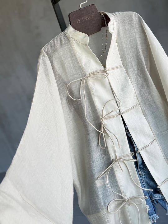 Premium Bağlama Detaylı Kimono Gömlek (Taş)