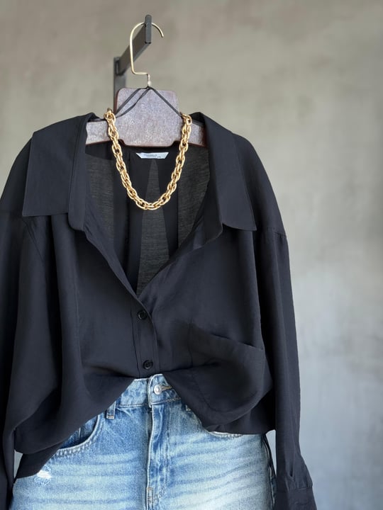 Premium Düşük Omuzlu Oversize Gömlek (Siyah)