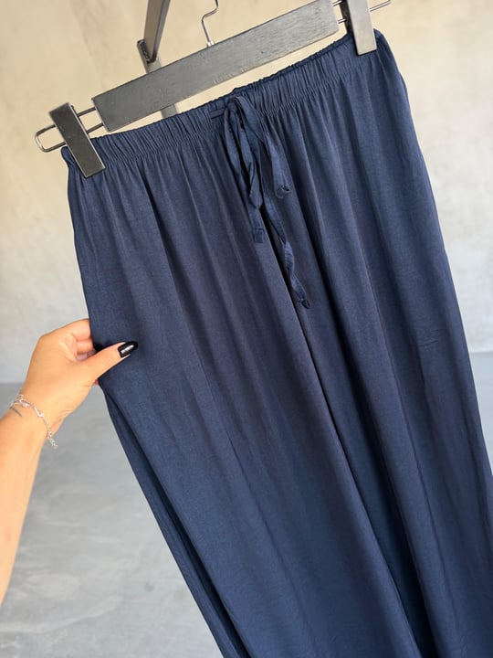 Premium İpeksi Tensel Bel Bağcıklı Pantolon (Lacivert)