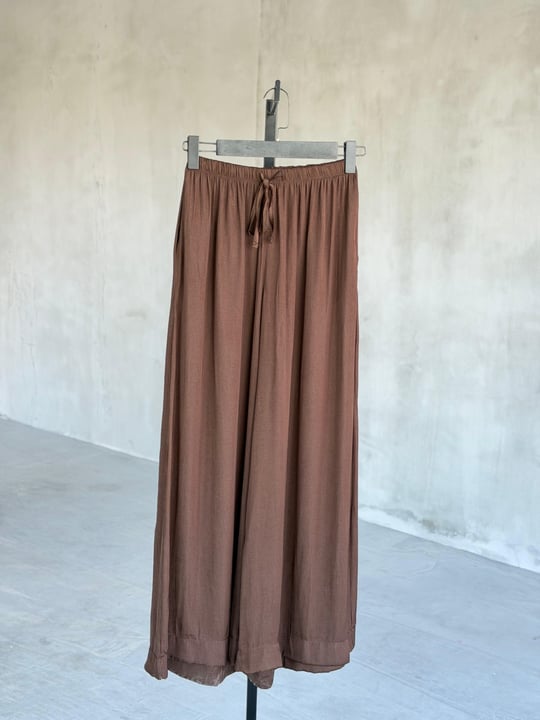 Premium İpeksi Tensel Bel Bağcıklı Pantolon (Kahve)