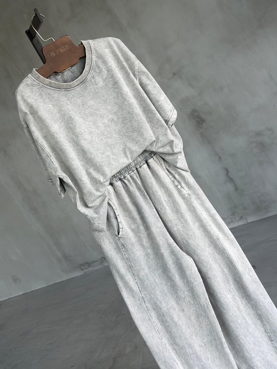 Taş Yıkamalı Şalvar Model Takım (Gri)