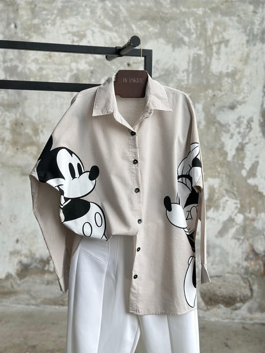 Tasarım Çizgili Mickey Mause Baskılı Boyfriend Gömlek (Bej)