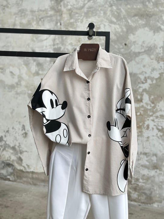 Tasarım Çizgili Mickey Mause Baskılı Boyfriend Gömlek (Bej)