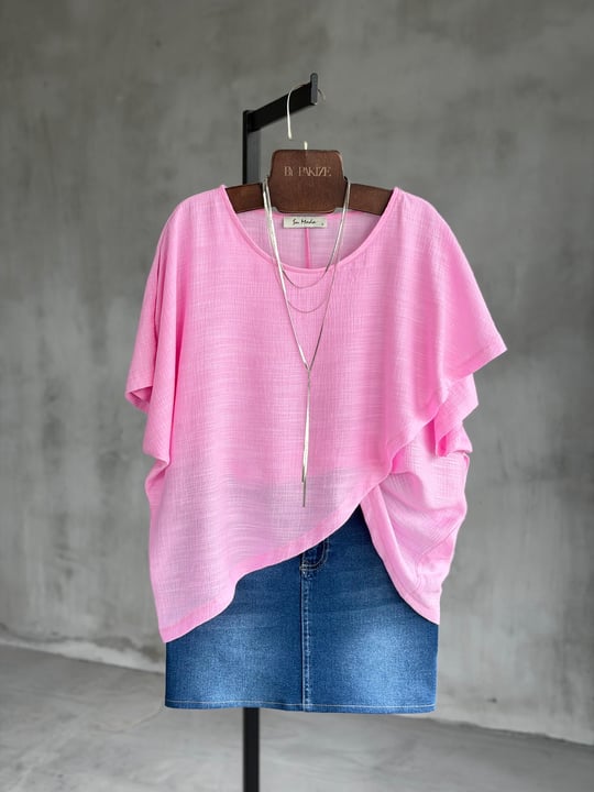 Verev Kesim Asimetrik Bluz (Pembe)