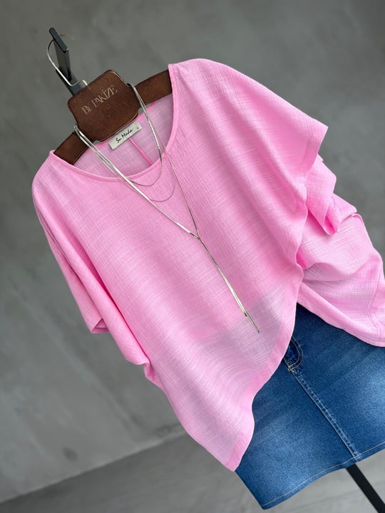 Verev Kesim Asimetrik Bluz (Pembe)