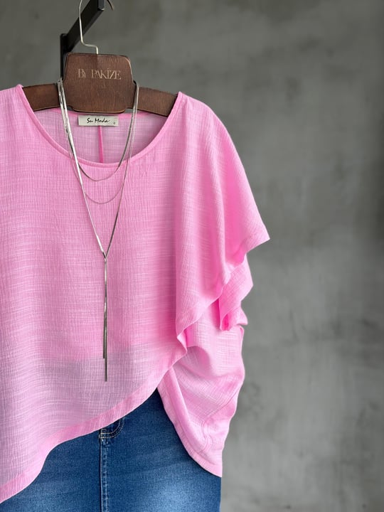 Verev Kesim Asimetrik Bluz (Pembe)