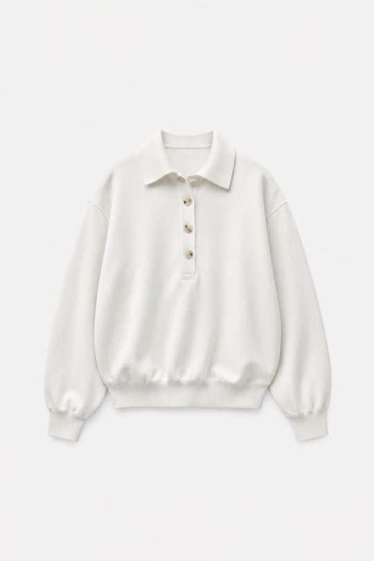 Ekru Polo Yaka Düğmeli Sweatshirt