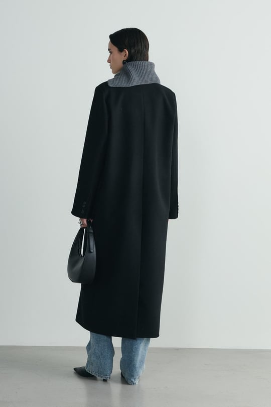 Siyah Ari Kruvaze Maxi Kaşe Kaban