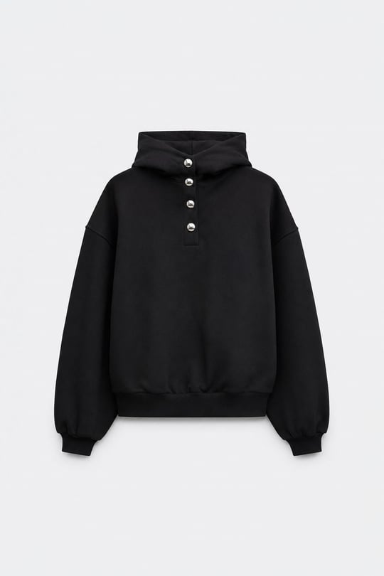 Siyah Gala Düğmeli Oversize Sweatshirt