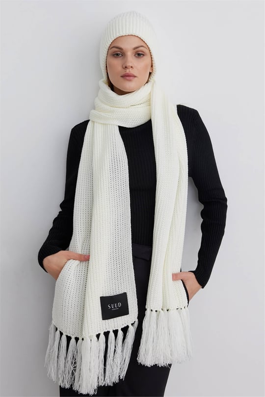 Ecru Tasseled Knitwear Scarf Suud Collection
