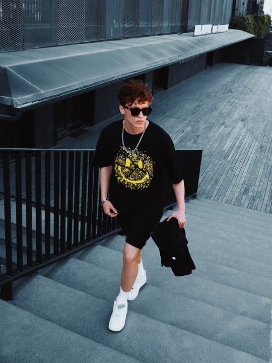 Erkek Baskılı Oversize T-Shirt Siyah