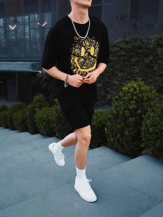 Erkek Baskılı Oversize T-Shirt Siyah