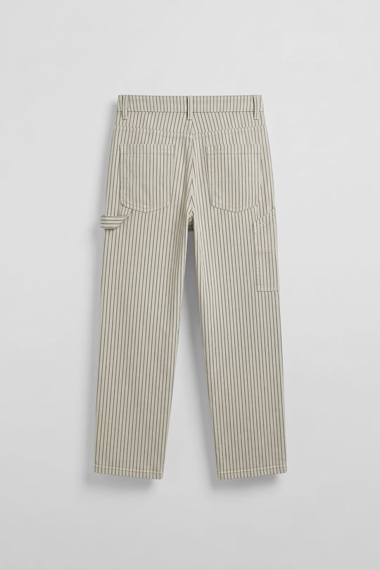 Erkek Baggy Fit Çizgili Jean Pantolon Bej