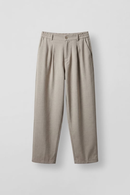 Erkek Baggy Fit Çizgili Pamuklu Kumaş Pantolon Taş Rengi