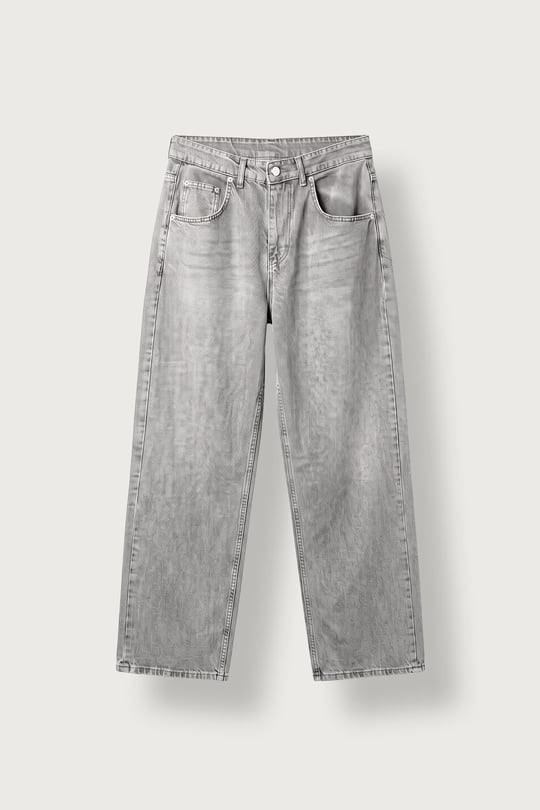 Erkek Baggy Fit Düz Yıkamalı Jean Pantolon Gri