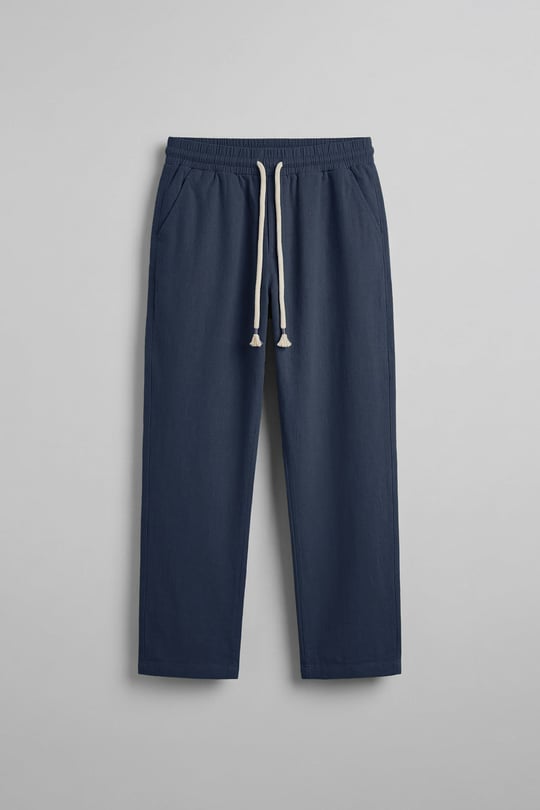 Erkek Baggy Fit Halat Kordonlu Keten Görünümlü Pantolon Lacivert