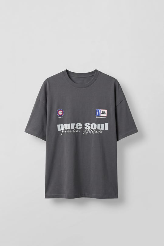 Erkek Boxy Fit %100 Pamuk Grafik Baskılı T-Shirt Füme