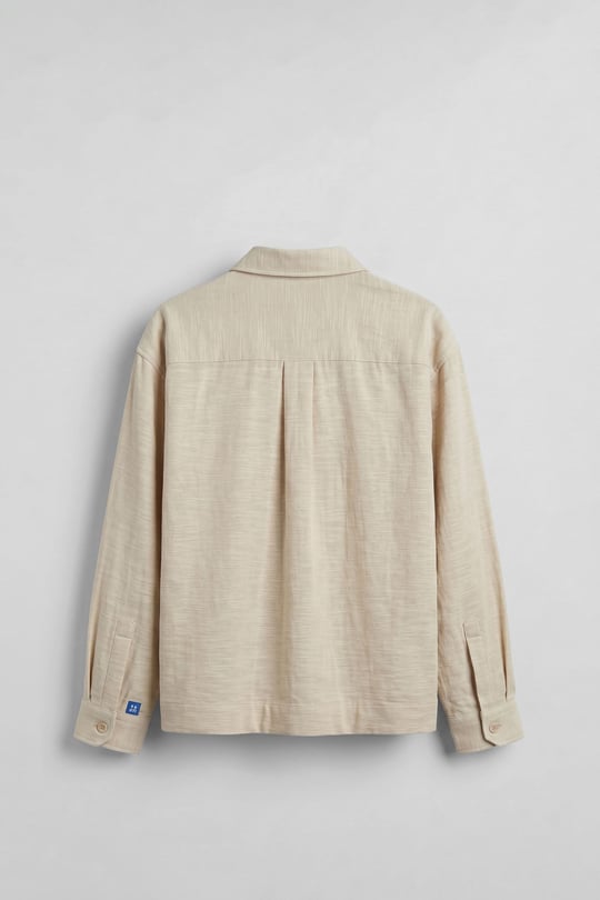 Erkek Boxy Fit Kontrast Dikişli Pamuklu Overshirt Gömlek Ekru