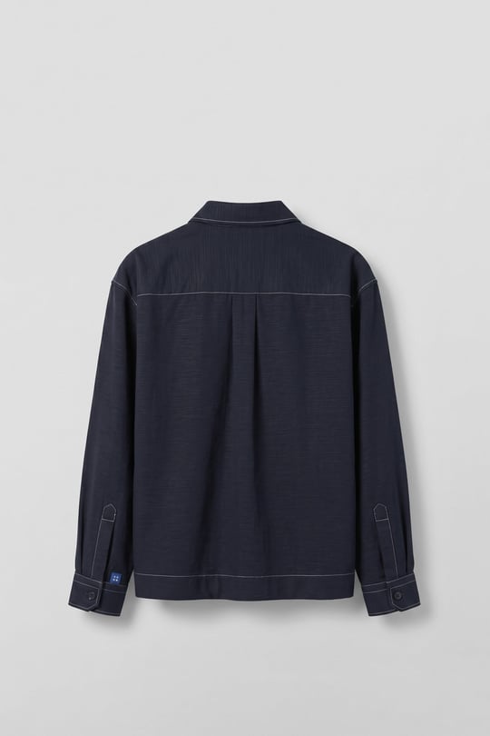 Erkek Boxy Fit Kontrast Dikişli Pamuklu Overshirt Gömlek Lacivert