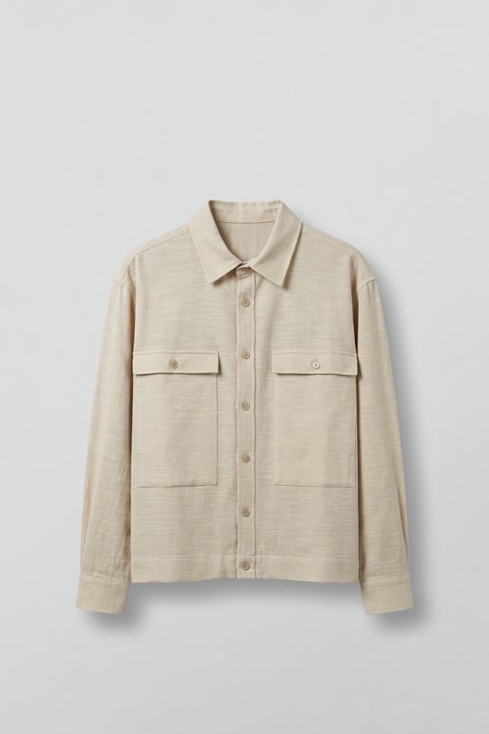 Erkek Boxy Fit Kontrast Dikişli Pamuklu Overshirt Gömlek Ekru