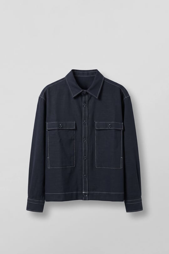 Erkek Boxy Fit Kontrast Dikişli Pamuklu Overshirt Gömlek Lacivert