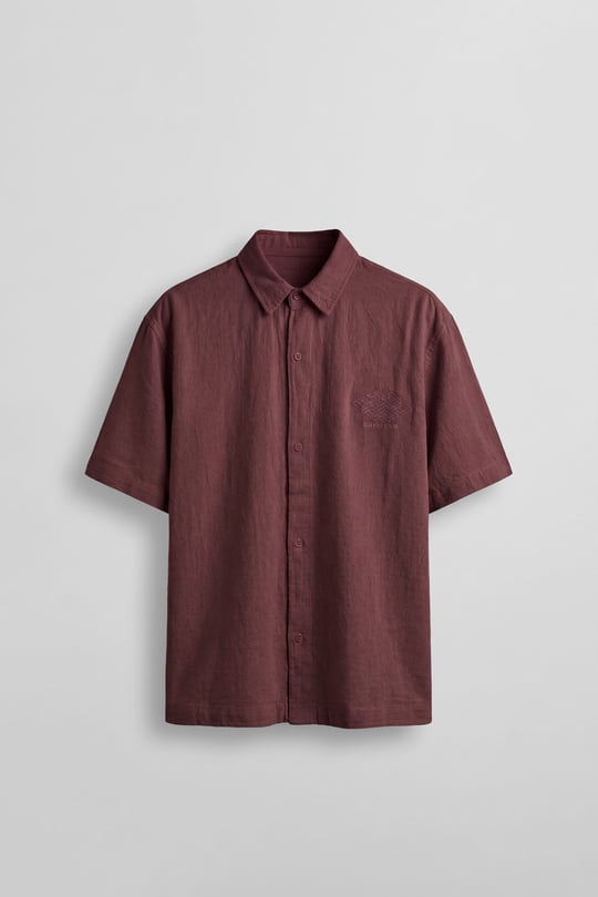 Erkek Boxy Fit Nakışlı Kısa Kollu Pamuklu Gömlek Bordo