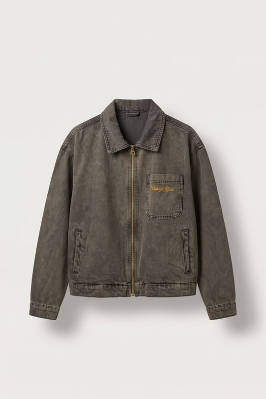 Erkek Boxy Fit Vintage Yıkamalı Nakışlı Denim Ceket Kahverengi