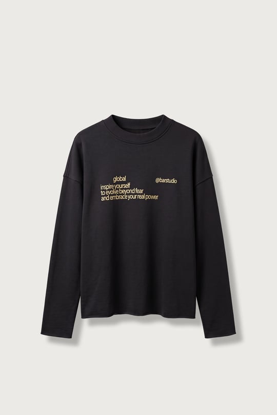 Erkek Boxy Fit Yazı Baskılı Bisiklet Yaka Sweatshirt Siyah