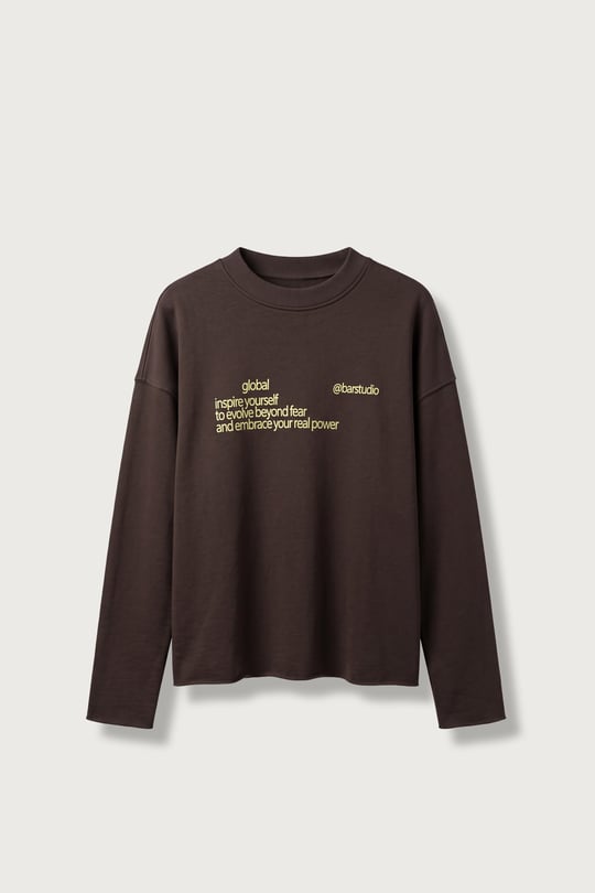 Erkek Boxy Fit Yazı Baskılı Bisiklet Yaka Sweatshirt Kahverengi