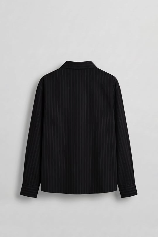 Erkek Boxy Fit Yazı Baskılı Çizgili Tencel Gömlek Siyah