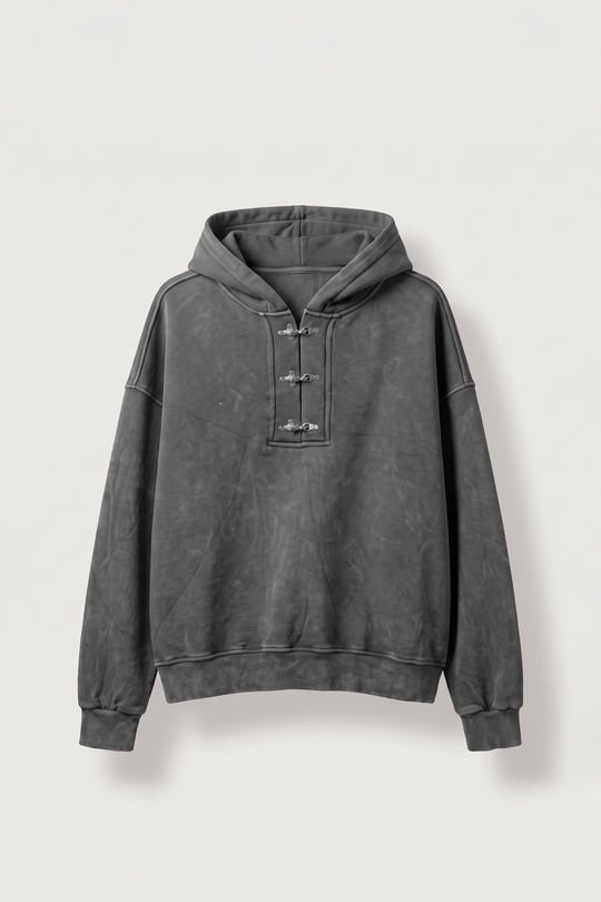 Erkek Boxy Fit Yıkamalı Metal Tokalı Kapüşonlu Sweatshirt Füme