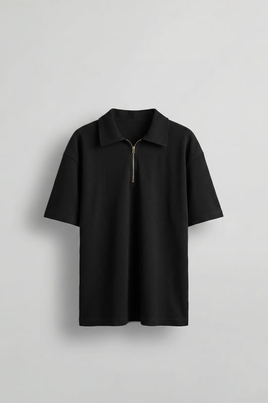 Erkek Fermuarlı Polo Yaka T-Shirt Siyah