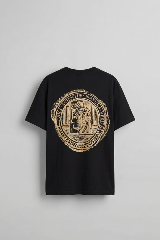 Erkek Oversize Antik Mühür Kabartmalı Baskılı T-Shirt Siyah