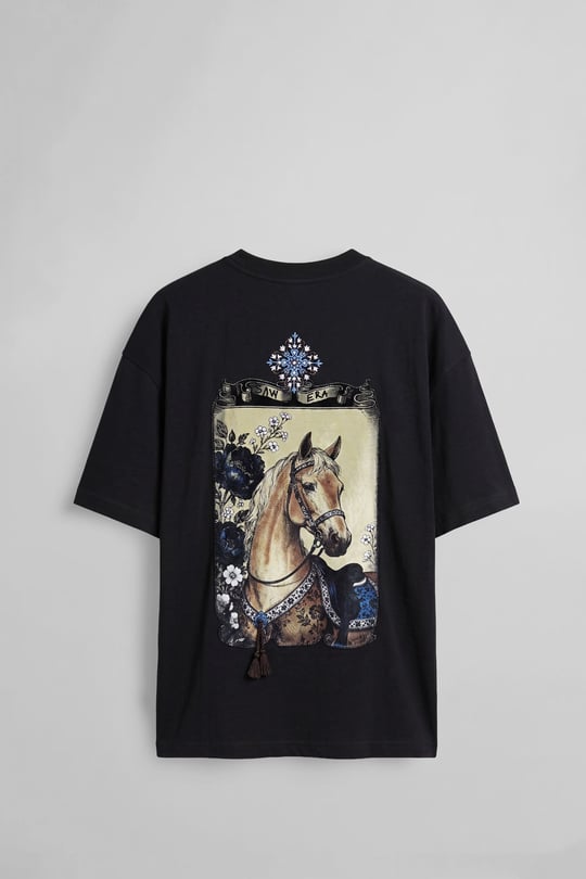 Erkek Oversize Bozkır Atı 3D Sırt Baskılı T-Shirt Siyah