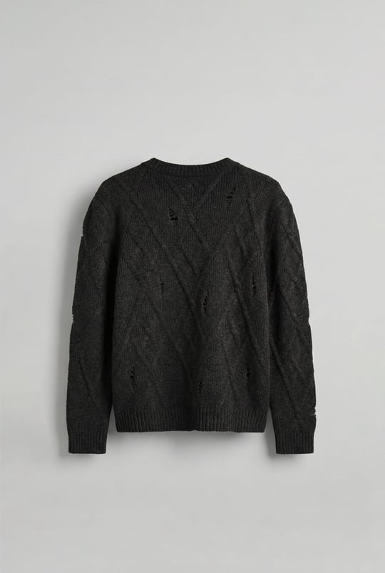Erkek Oversize Desenli Triko Kazak Siyah