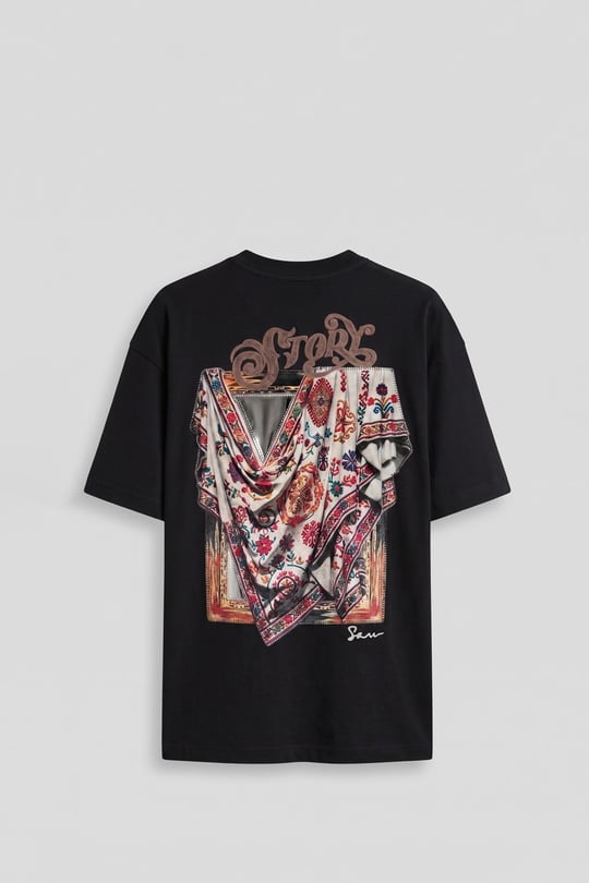 Erkek Oversize Etnik Desenli 3D Sırt Baskılı T-Shirt Siyah