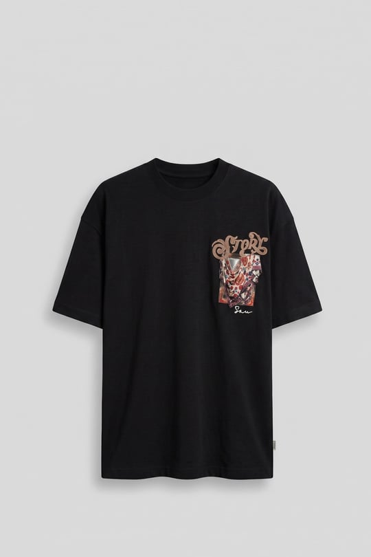 Erkek Oversize Etnik Desenli 3D Sırt Baskılı T-Shirt Siyah