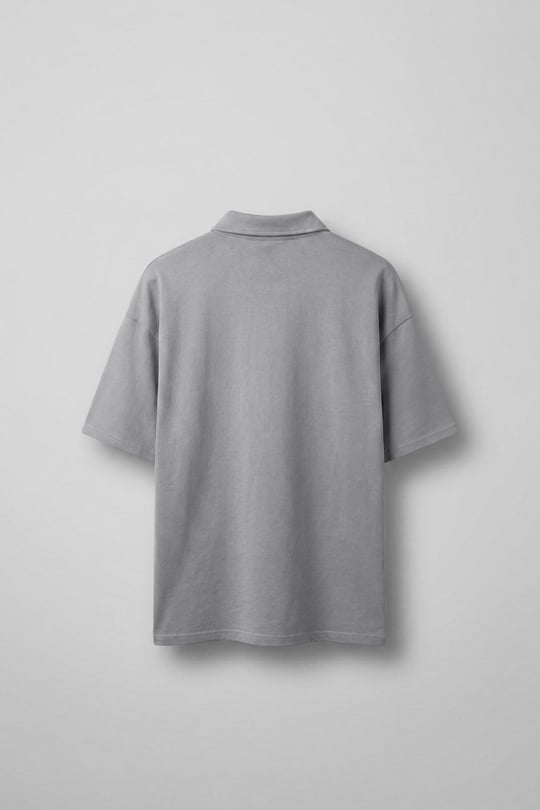 Erkek Oversize Fermuarlı Polo Yaka Baskılı T-Shirt Açık Gri