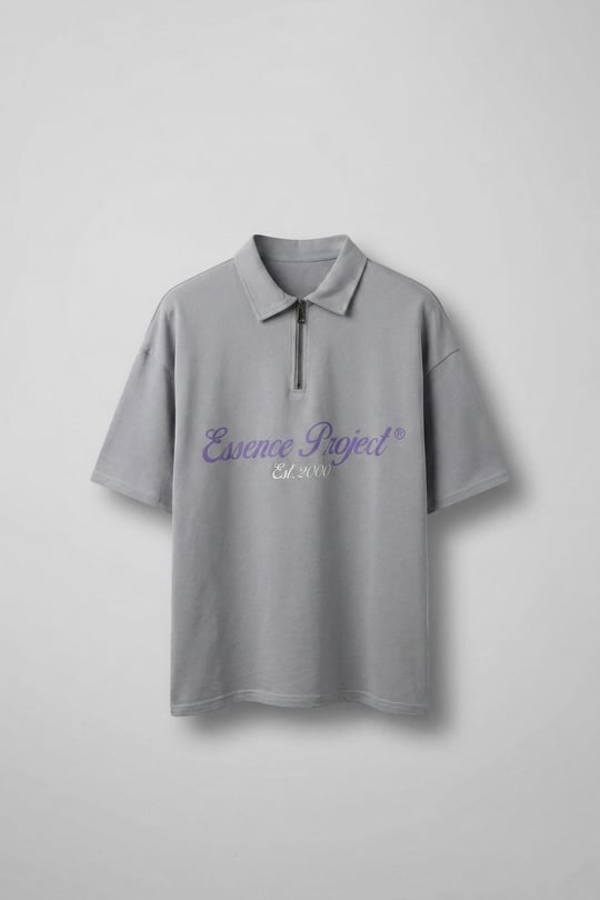 Erkek Oversize Fermuarlı Polo Yaka Baskılı T-Shirt Açık Gri