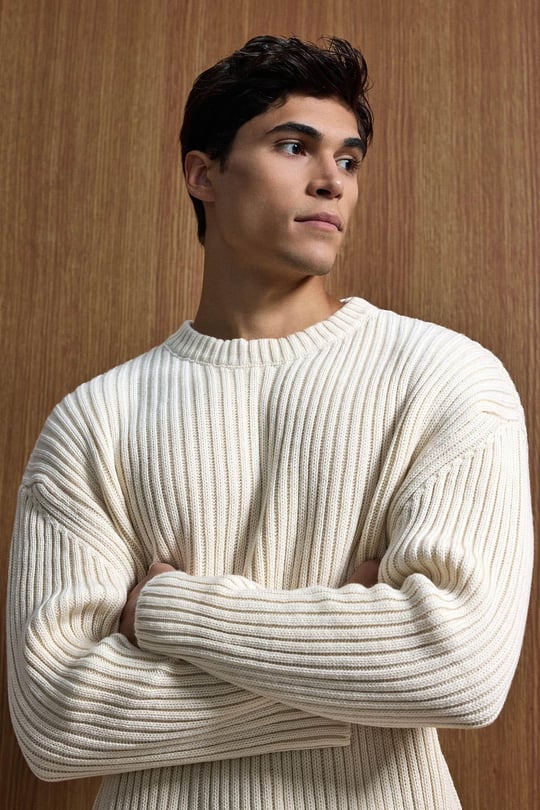 Erkek Oversize Fitilli Basic Triko Kazak Bej