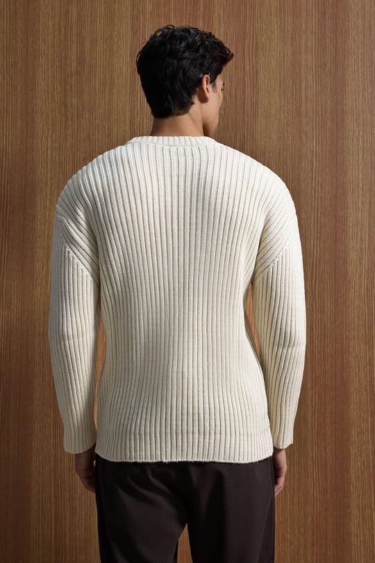 Erkek Oversize Fitilli Basic Triko Kazak Bej