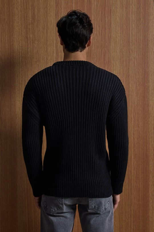 Erkek Oversize Fitilli Basic Triko Kazak Siyah