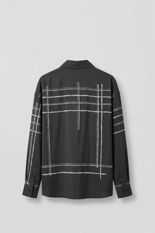 Erkek Oversize Flok Çizgili Uzun Kollu Tencel Gömlek Siyah