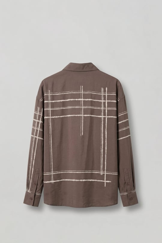 Erkek Oversize Flok Çizgili Uzun Kollu Tencel Gömlek Kahverengi