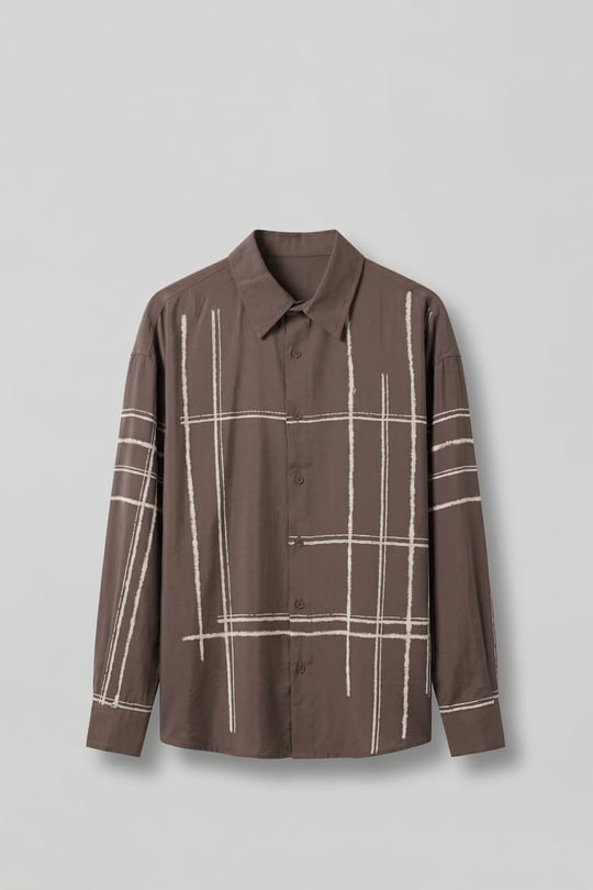 Erkek Oversize Flok Çizgili Uzun Kollu Tencel Gömlek Kahverengi